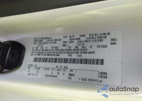 2021 Ford F-150 Xl из США, поврежденный, VIN 1FTMF1CB7MKE25390